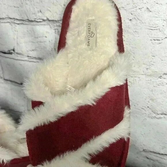 EVER FOAMS WOMENS CROSS BAND SLIPPERS WINE MEMORY FOAM FUR LINING SIZE M 7/8 - Picture 3 of 6